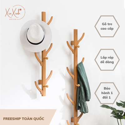 Giá treo tường gắn 6 móc treo quần áo trang trí decor, chất liệu gỗ cao cấp
